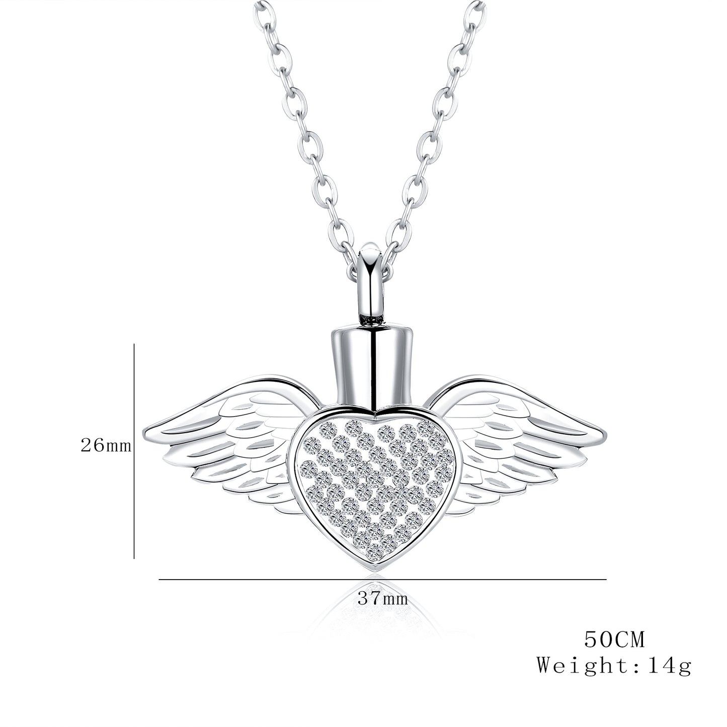 Cremation Urn Necklace Heart-shaped Wings with Zircon Pendant Memorial Jewelry-A054
