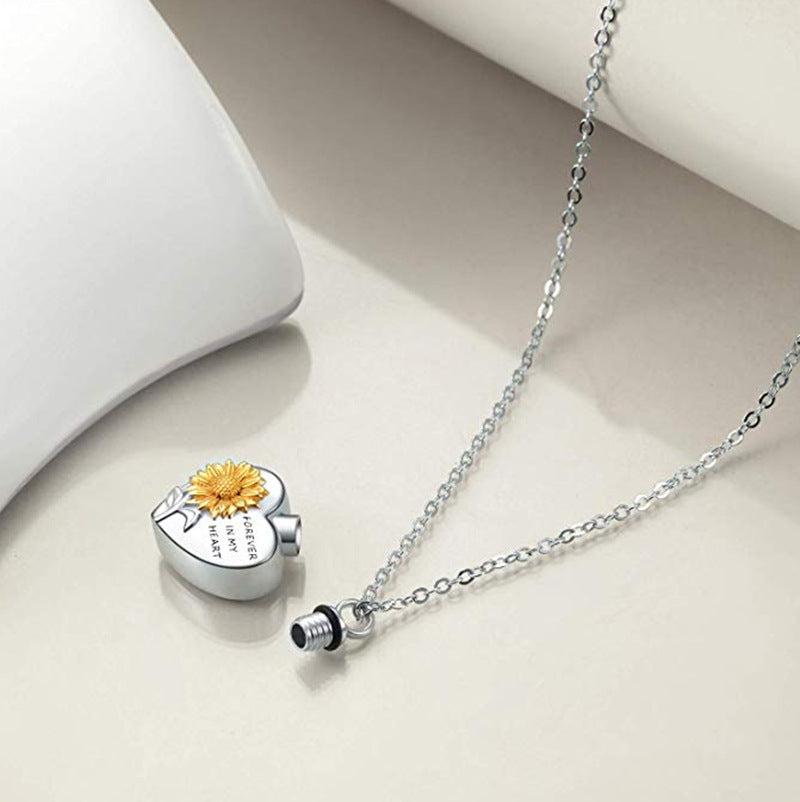 Heart-Shaped Cremation Urn Sunflower Necklace for Ashes-A019