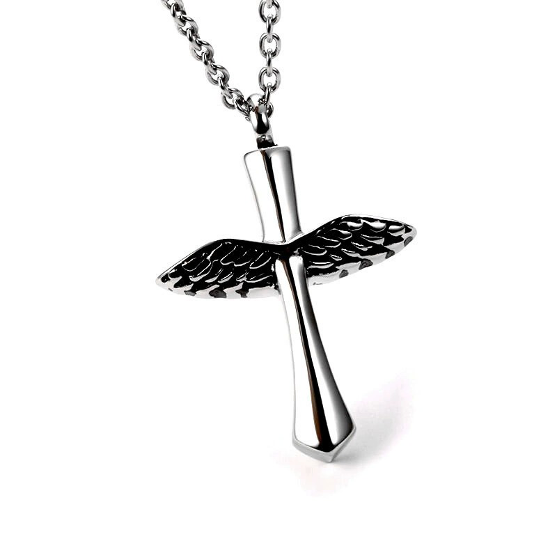 Cremation Urn Necklace Angel Wings of Cross Pendant for Ashes-A002