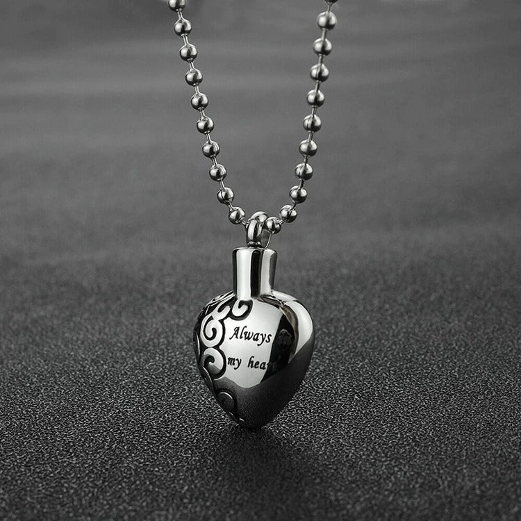 Heart-shaped Cremation Urn Heart Necklace "Always in My Heart" Memorial Jewelry-A028