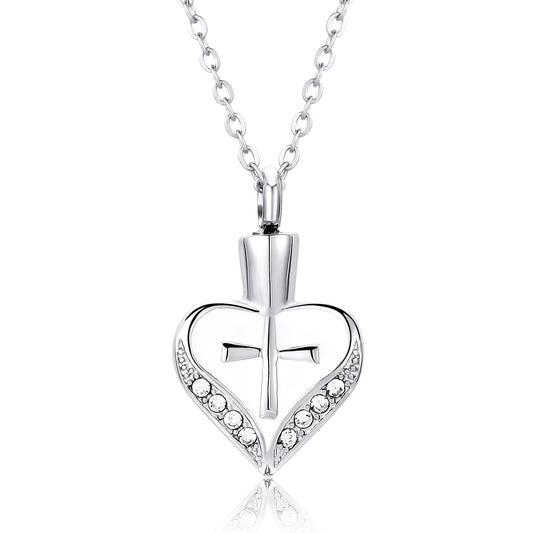 Heart-shaped Cremation Urn Necklace With Cross Memorial Jewelry-A029