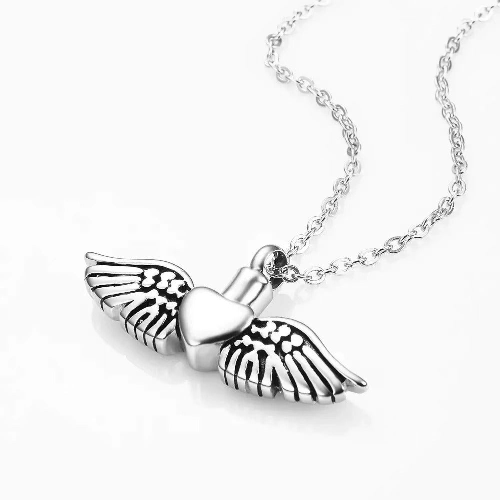 Cremation Urn Necklace Heart With Wings Pendant Memorial Jewelry-A032