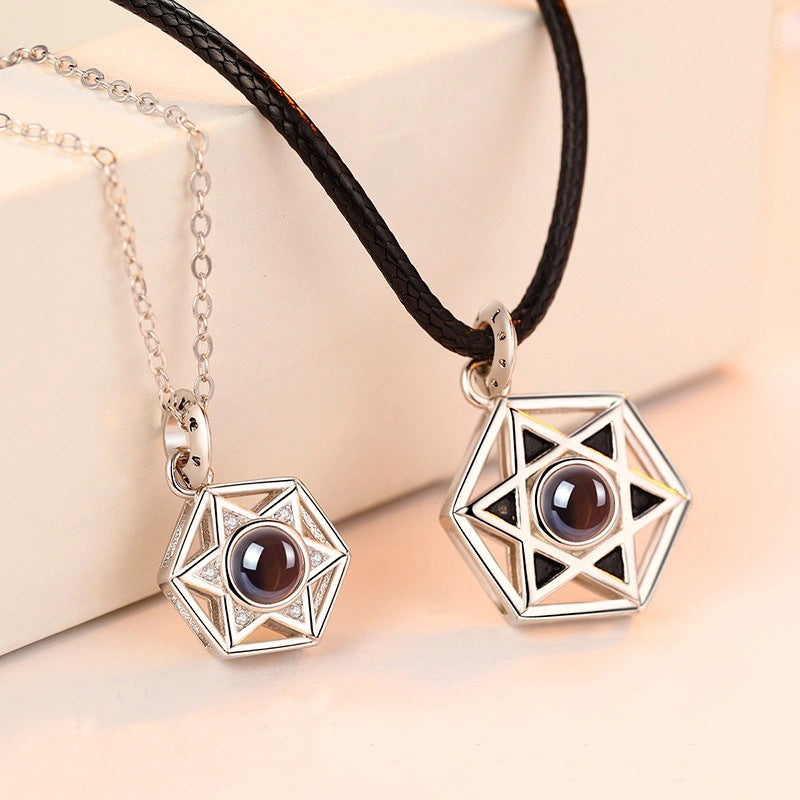 Personalized Photo Projection Necklace Hexagram Pendant 925 Silver Gift for Couple - P060