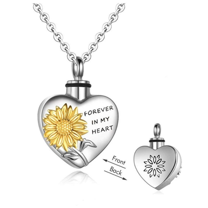 Heart-Shaped Cremation Urn Sunflower Necklace for Ashes-A019