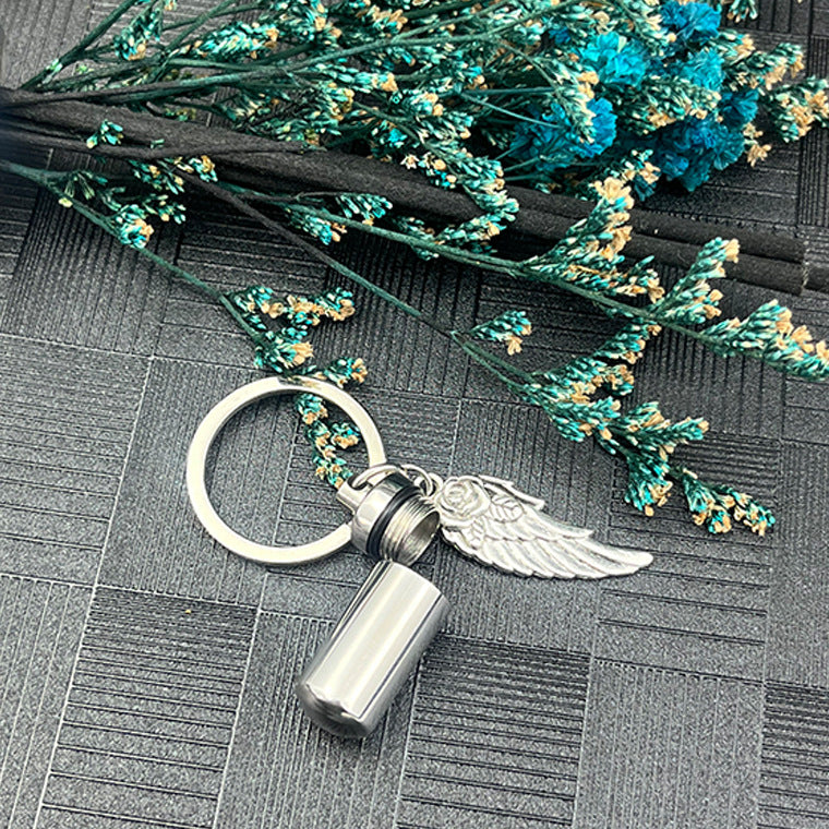 Cremation Cylindrical Urn Keychain with Wings -K028
