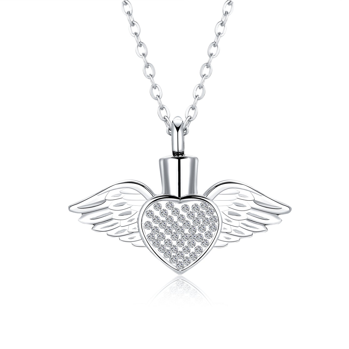 Cremation Urn Necklace Heart-shaped Wings with Zircon Pendant Memorial Jewelry-A054