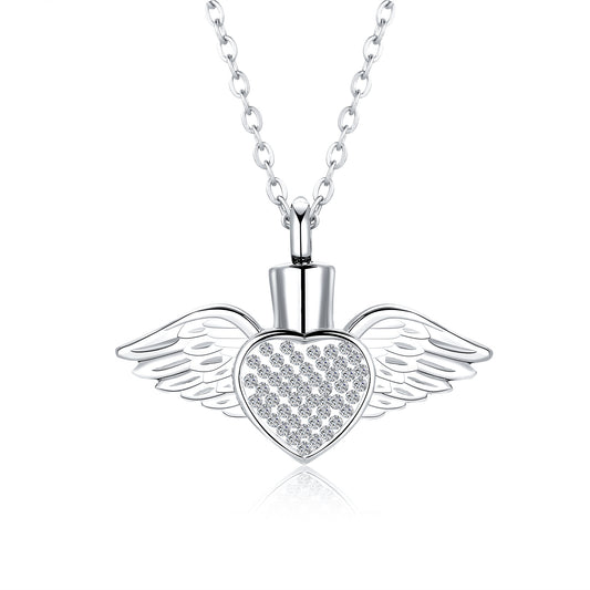 Cremation Urn Necklace Heart-shaped Wings with Zircon Pendant Memorial Jewelry-A054