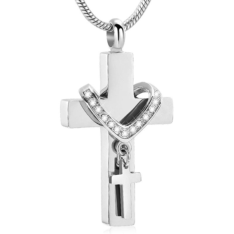 Cremation Urn Necklace Cross with Zircon Pendant for Ashes-A040