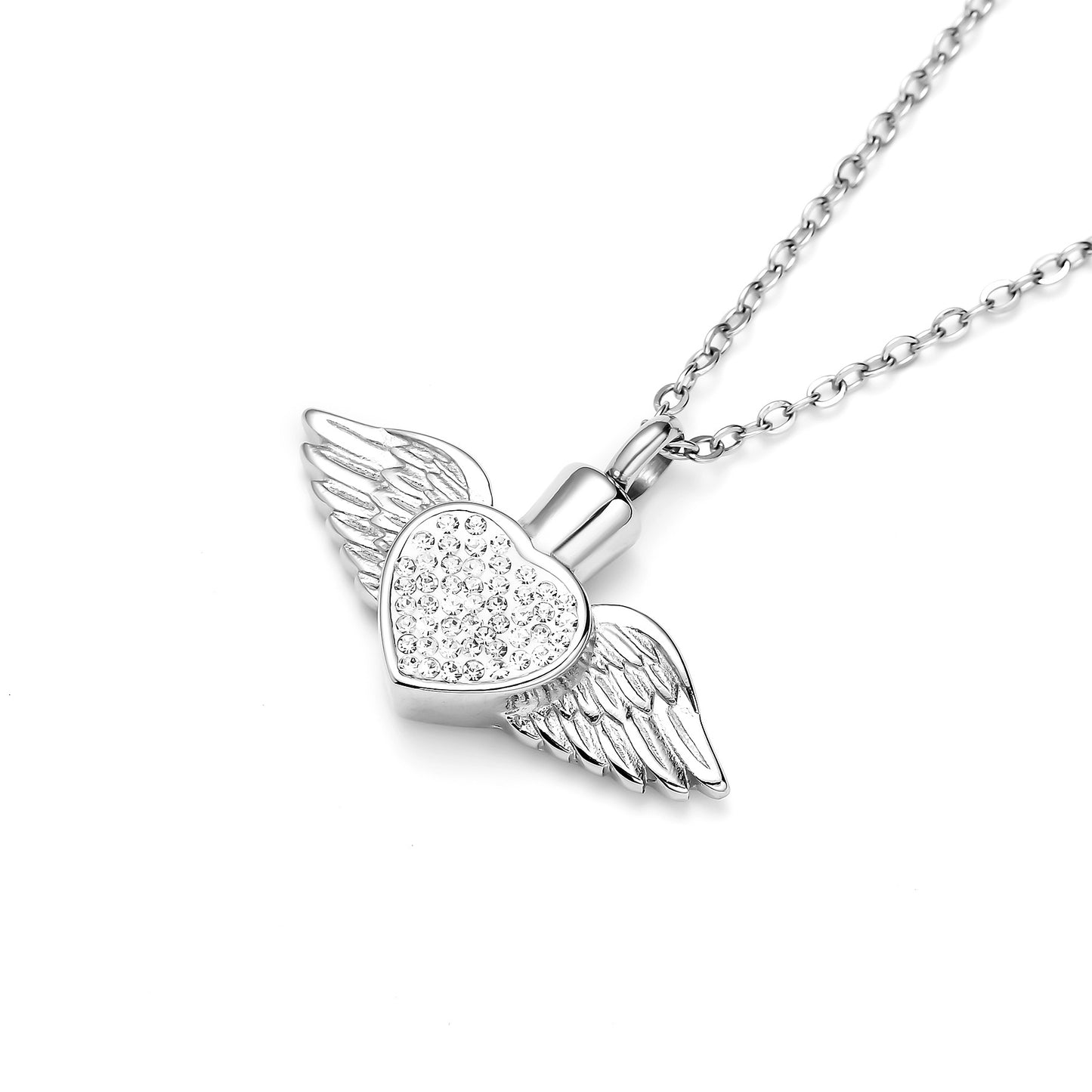 Cremation Urn Necklace Heart-shaped Wings with Zircon Pendant Memorial Jewelry-A054