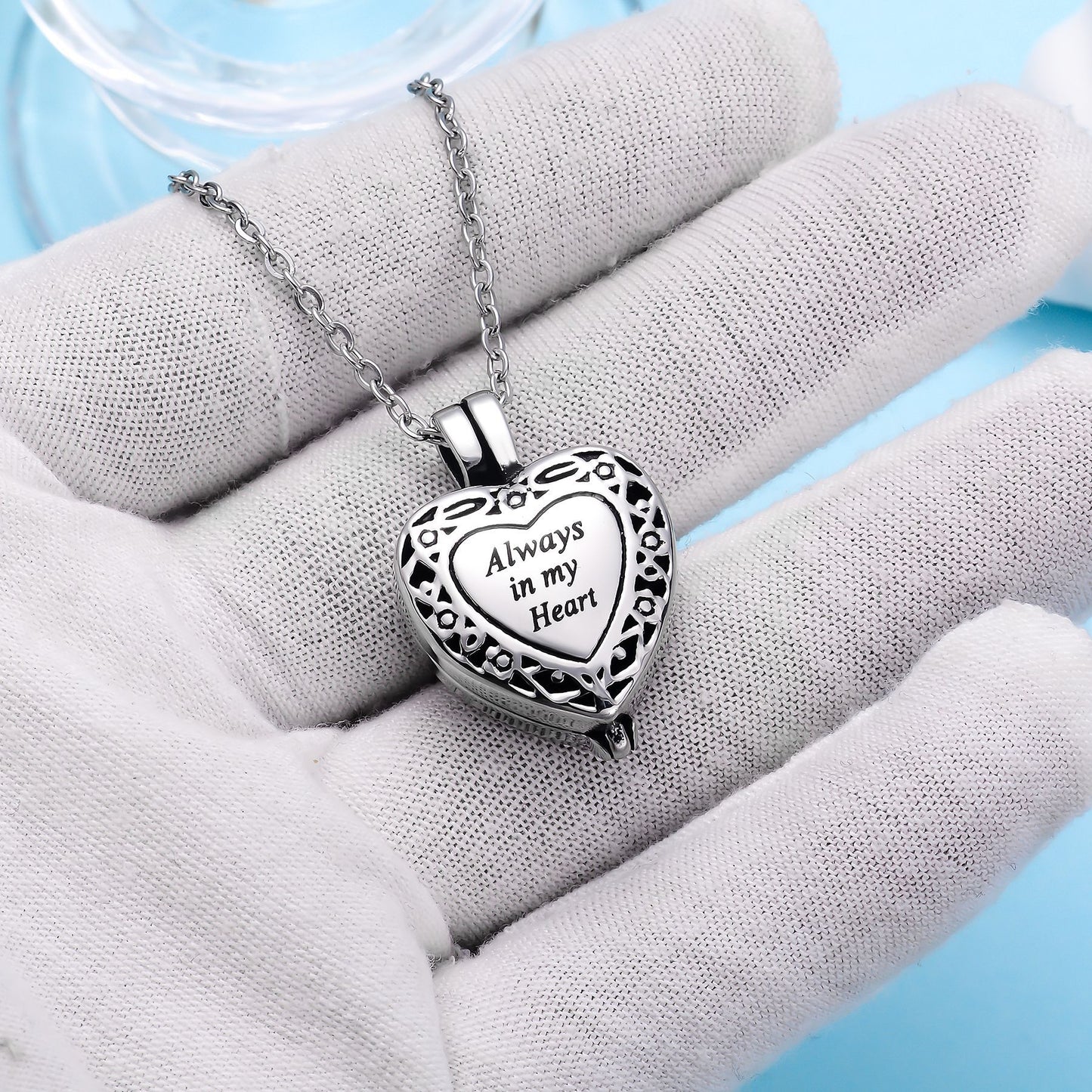 Cremation Urn Necklace Heart-shaped"Always in my heart"Pendant Memorial Jewelry-A056