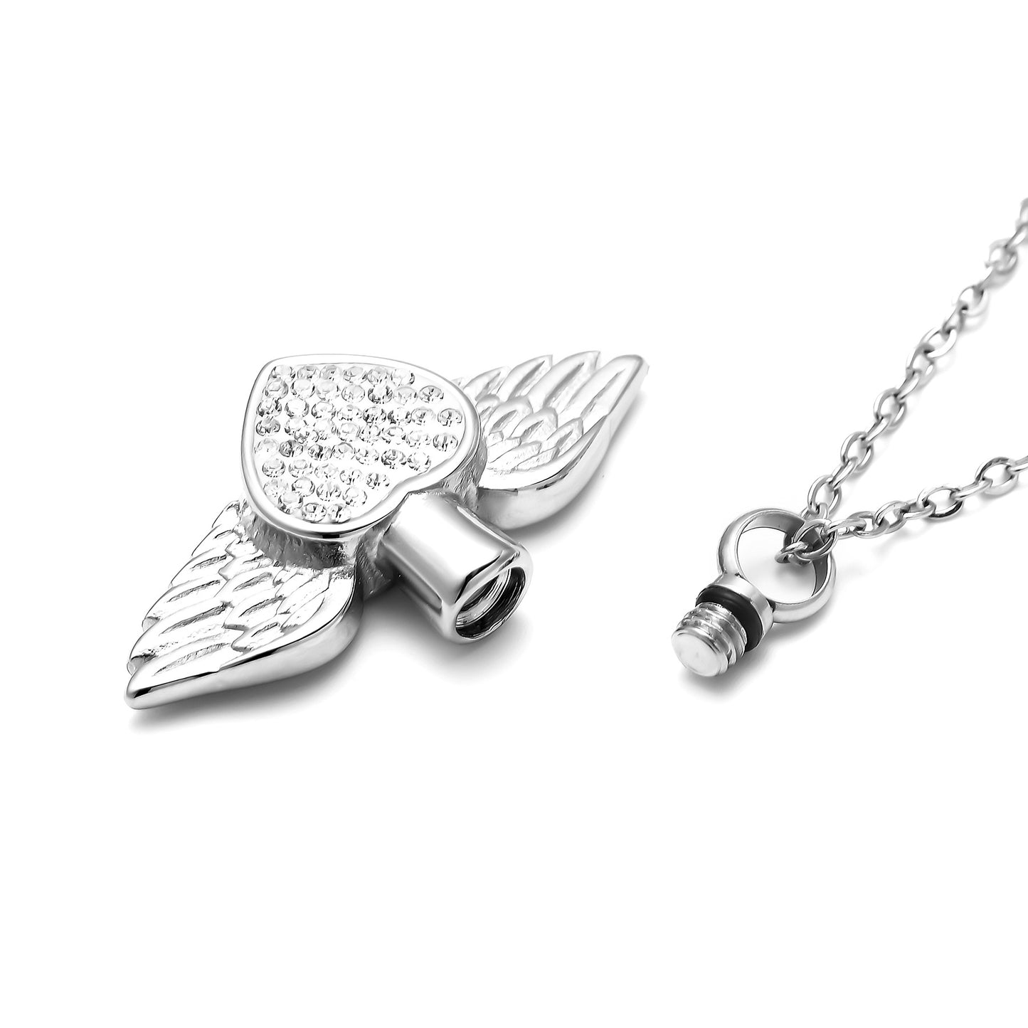Cremation Urn Necklace Heart-shaped Wings with Zircon Pendant Memorial Jewelry-A054