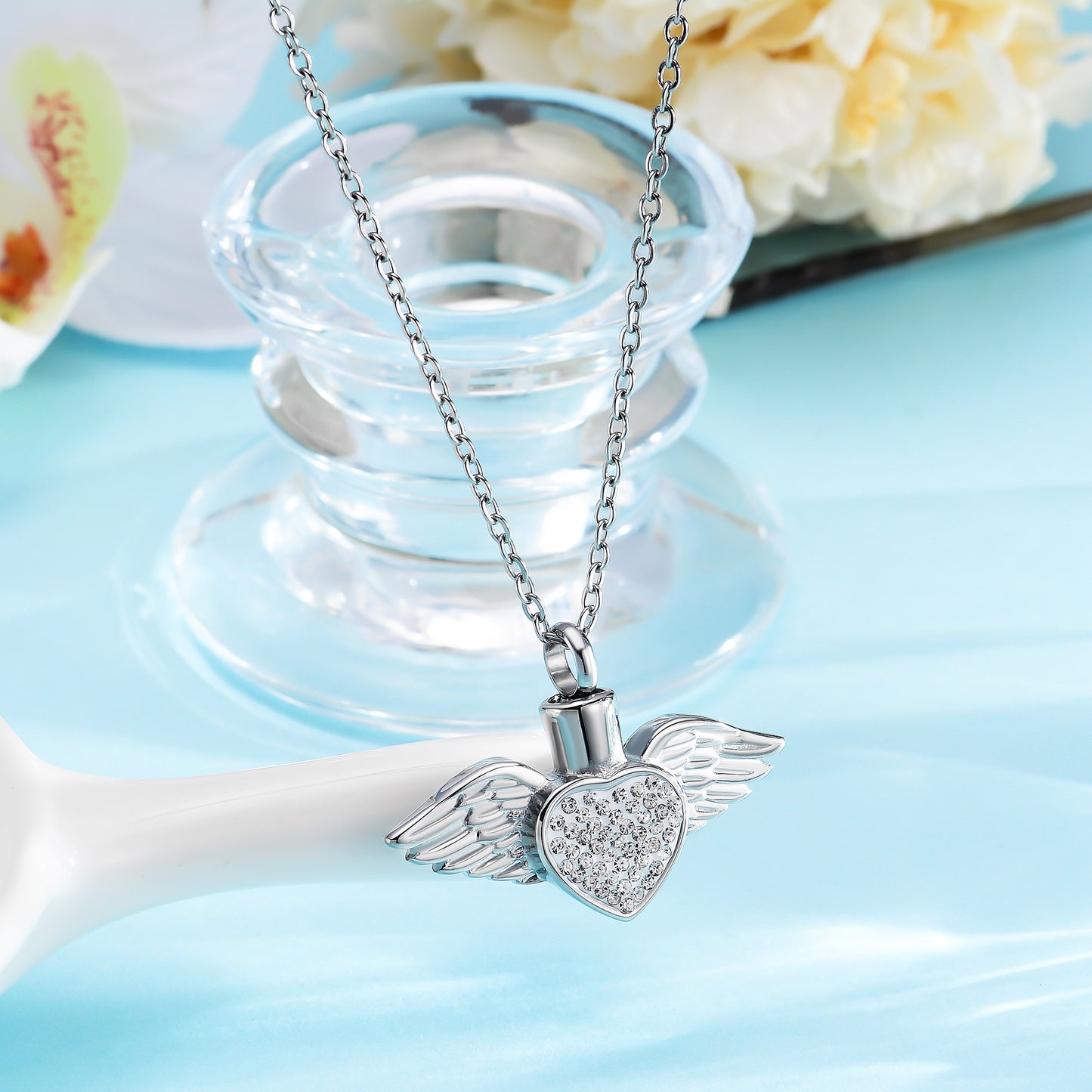 Cremation Urn Necklace Heart-shaped Wings with Zircon Pendant Memorial Jewelry-A054