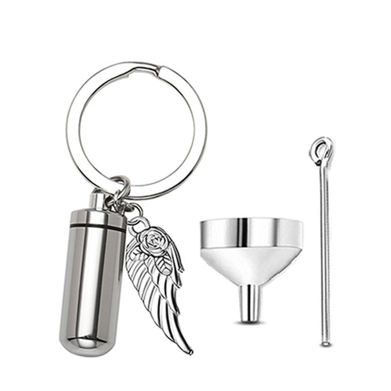 Cremation Cylindrical Urn Keychain with Wings -K028