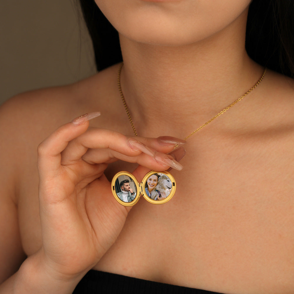 Custom Round/Oval Photo Locket Necklace With Engraving-L014