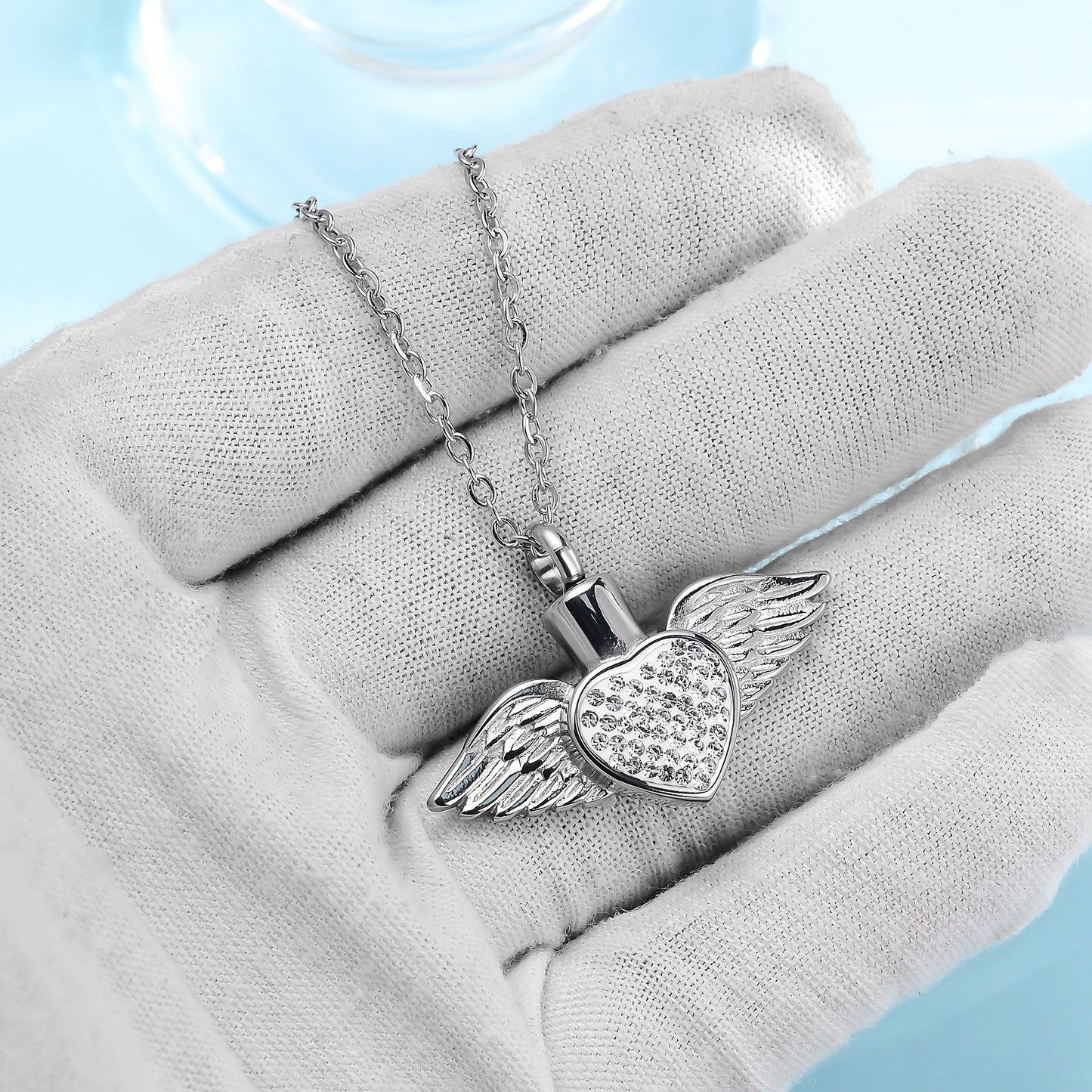 Cremation Urn Necklace Heart-shaped Wings with Zircon Pendant Memorial Jewelry-A054